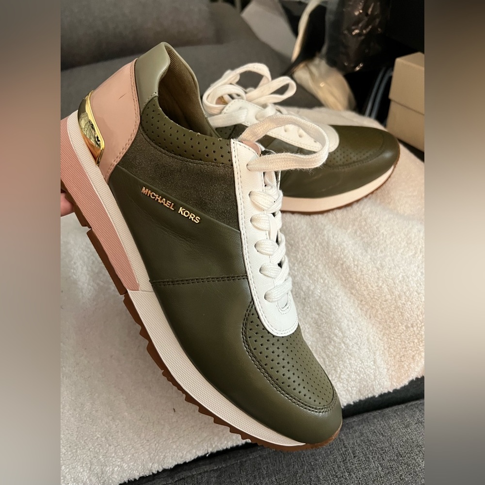 NWOB Michael Kors Olive Green W/ Pink and White Accent leather Sneakers